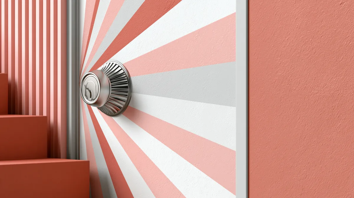 Coral door with sunburst stripes — brand artwork
